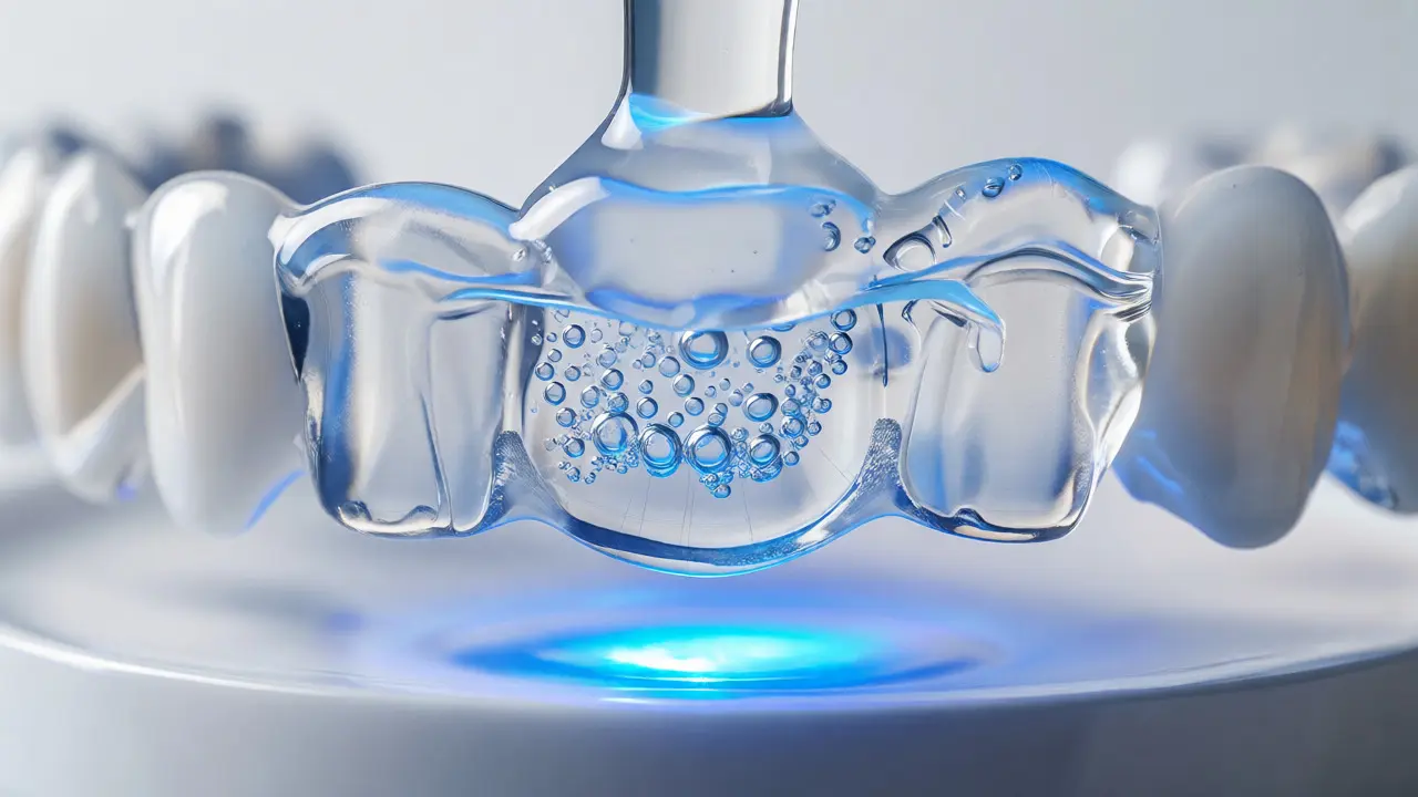 Detailní záběr na bělicí gel v dlahách s modrým LED světlem.