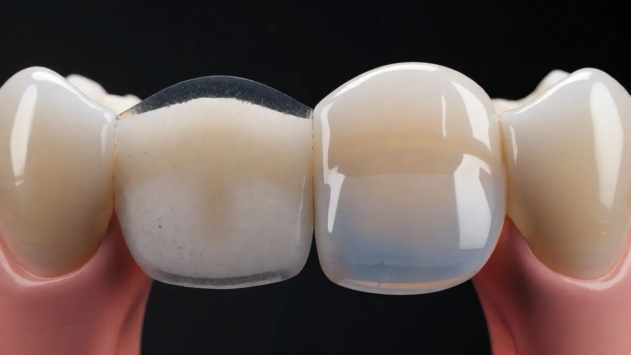Makro porovnání struktury kompozitní a porcelánové facety na modelu zubu.