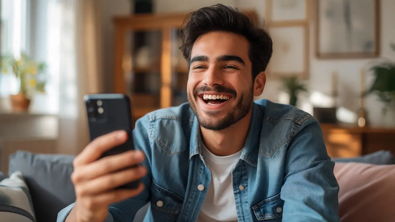 Muž se otevřeně směje do telefonu díky novému úsměvu