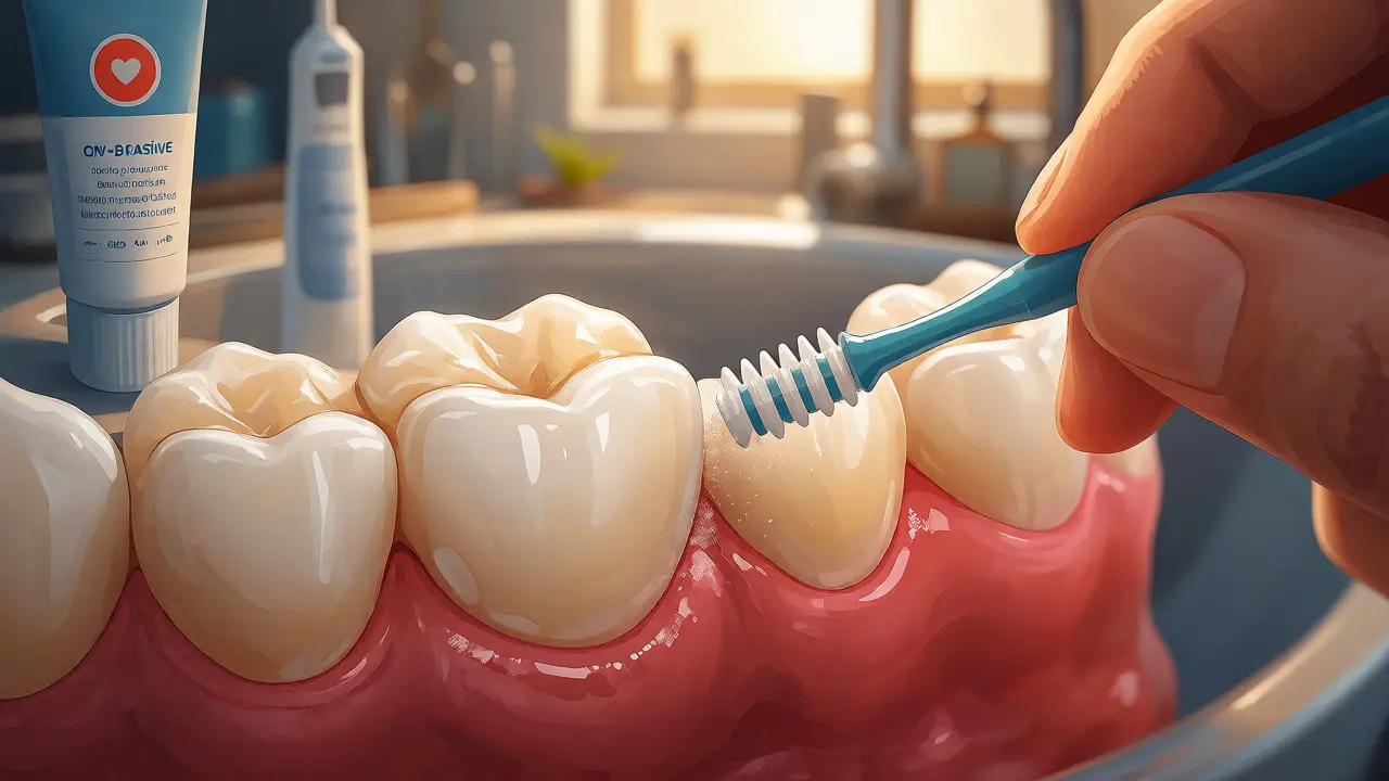 Použití mezizubního kartáčku pro šetrnou hygienu keramických náhrad.