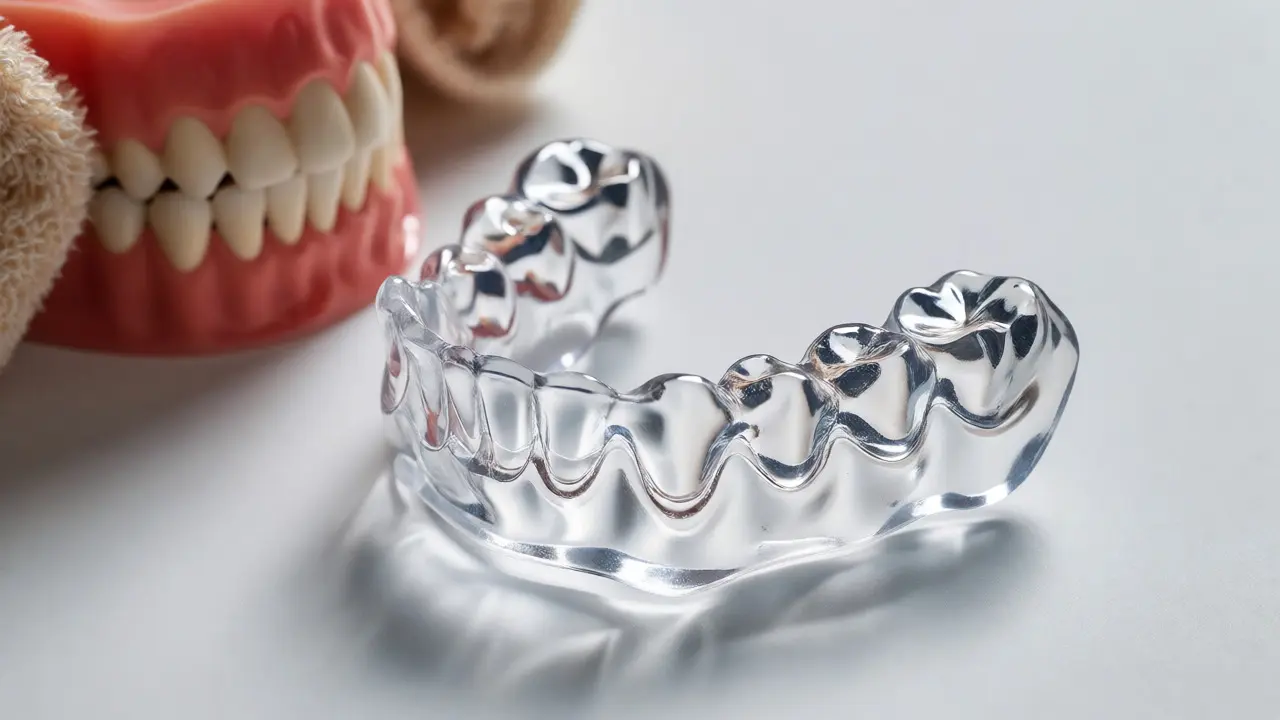 Průhledná okluzní dlahа vedle modelu zubů na bílém pozadí