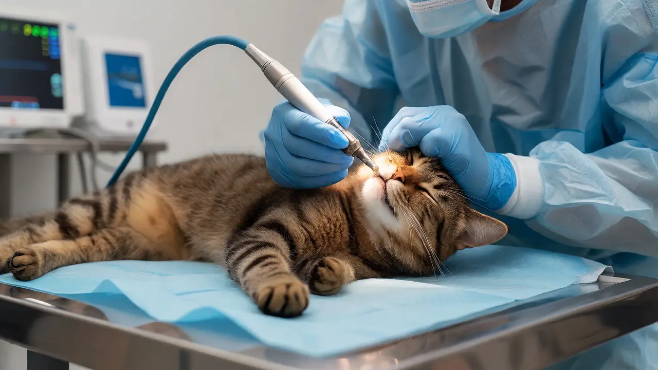 Veterinář provádí ultrazvukové odstranění zubního kamene u kočky v anestezii