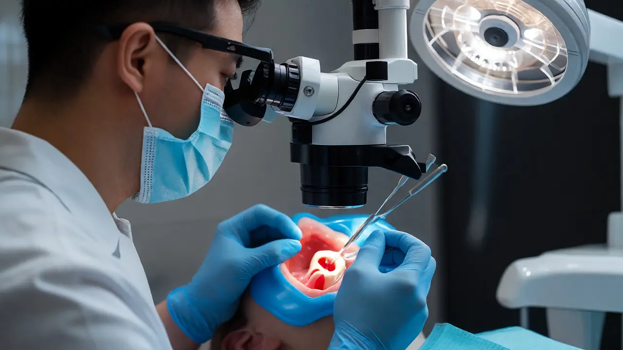 Zubař provádějící endodoncii pod mikroskopem